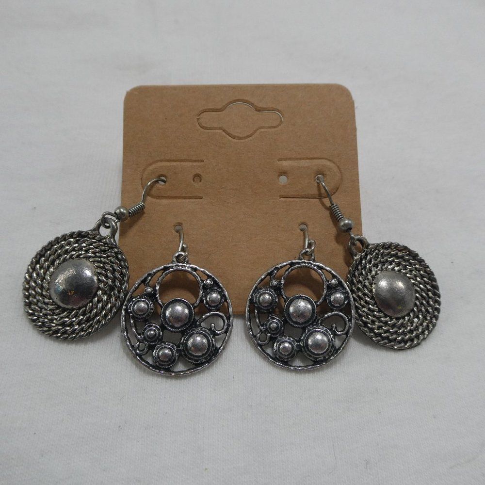 Silver Tone Boho Dangle Round Fishhook Earrings - image 1